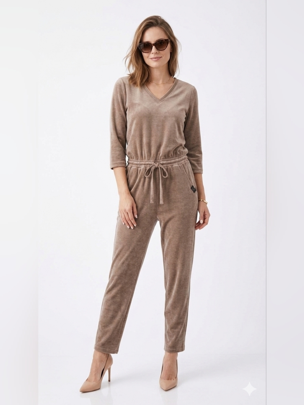 NWOT Calvin Klein Beige V-Neck Drawstring Jumpsuit 3/4 Sleeve Pockets Straight
